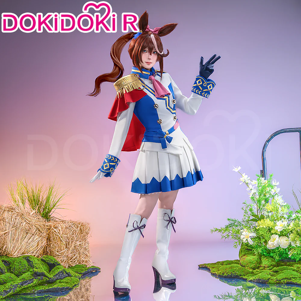 【Size XS-2XL】DokiDoki-R Game Cosplay Costume Racewear White Blue Dress Cute With Red Cape - Image 2