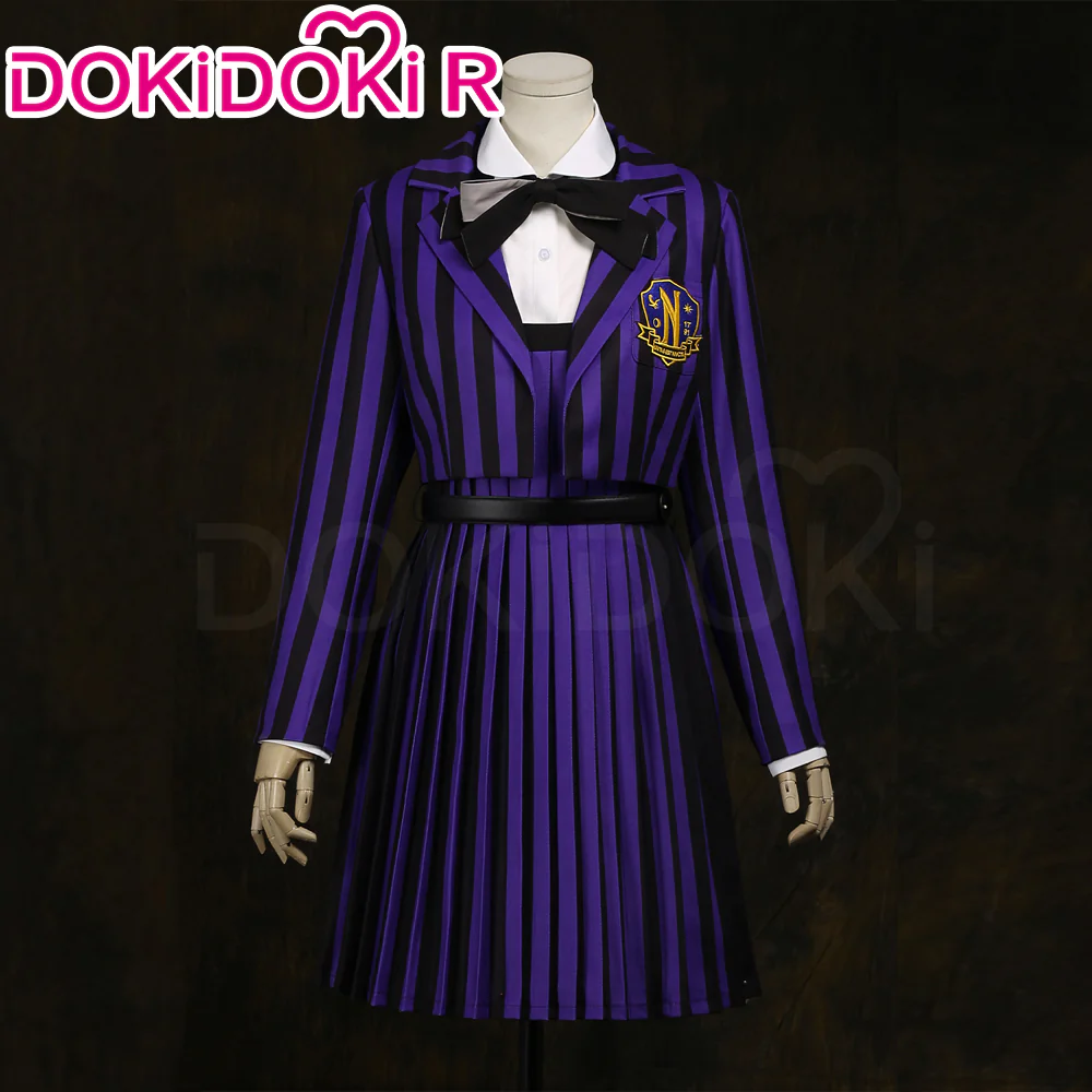 【Size XS-2XL】DokiDoki-R TV Cosplay Addamms Costume Uniform Purple Black Stripes