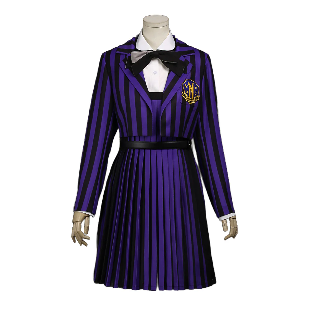 【Size XS-2XL】DokiDoki-R TV Cosplay Addamms Costume Uniform Purple Black Stripes - Image 6