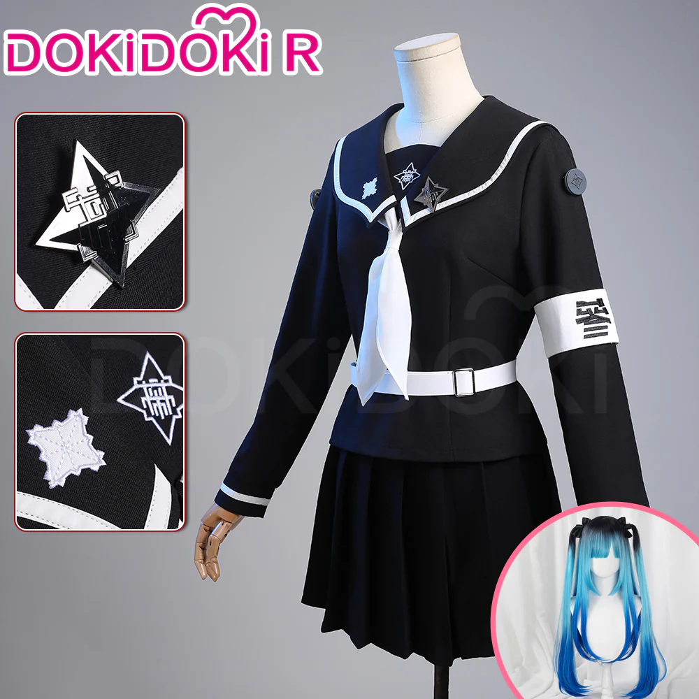 【Size XS-XL】DokiDoki-R Game The Hundred Line Last Defense Academy Cosplay Amemiya Darumi Costume / Wig Uniform Long Blue Gradient Hair Pigtails